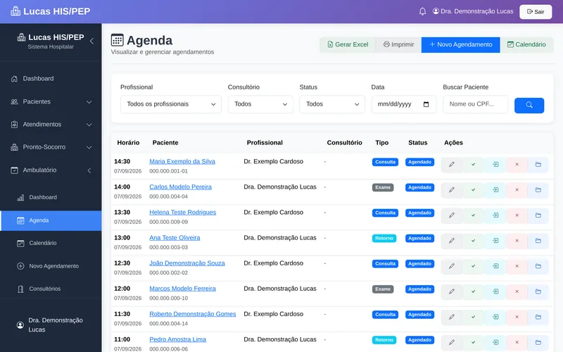 Agenda do ambulatório do Lucas: horários, pacientes, profissional, tipo de consulta, retorno ou exame, status agendado e ações de confirmar, chegada e cancelar