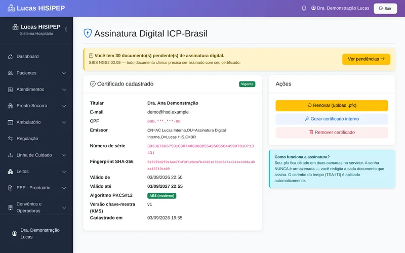 Painel de assinatura digital do Lucas: certificado e-CPF A1 do profissional carregado, com validade, e aviso de 30 documentos pendentes de assinatura