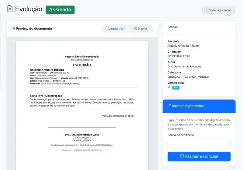 Tela de impressão da evolução no Lucas: pré-visualização do PDF marcado como rascunho e cartão Assinar digitalmente com campo de senha do certificado