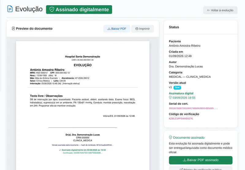 Evolução assinada digitalmente no Lucas: selo Assinado digitalmente, data e hora da assinatura, serial do certificado, código de verificação e botão Baixar PDF assinado