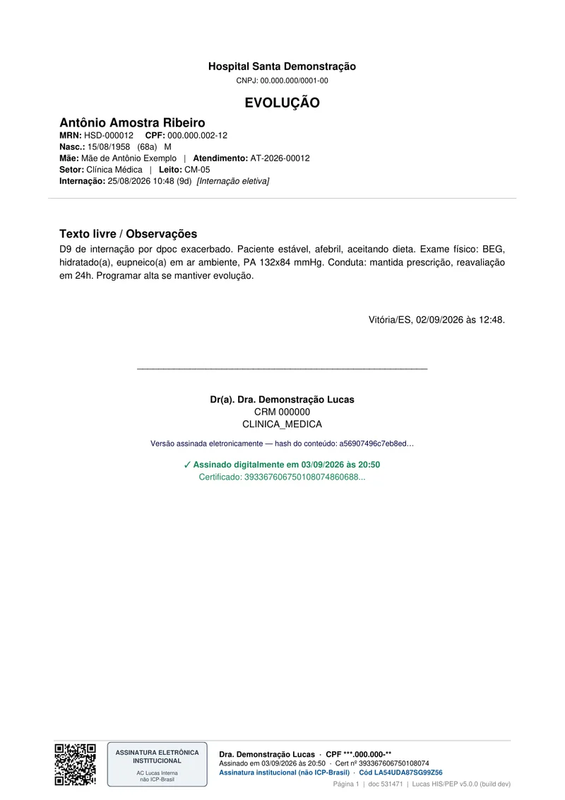 Página inteira do PDF de uma evolução assinada digitalmente no Lucas: cabeçalho da instituição, dados do paciente, texto da evolução, identificação do profissional e selo de assinatura no rodapé