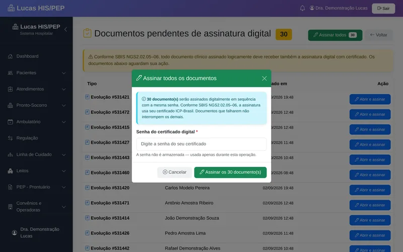 Janela Assinar todos os documentos do Lucas: 30 documentos serão assinados em sequência com a mesma senha do certificado