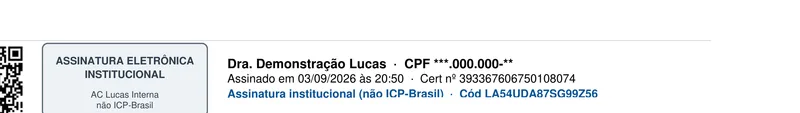 Rodapé do PDF assinado pelo Lucas: QR Code, selo de assinatura eletrônica, nome do profissional, CPF mascarado, data e hora, número do certificado e código de verificação