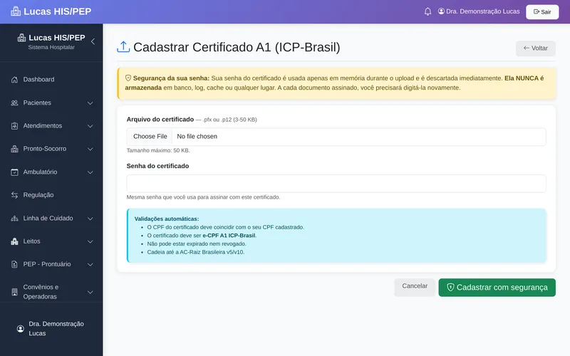 Tela de envio do certificado digital no Lucas: campo para o arquivo .pfx do e-CPF A1 e senha, com explicação de que a senha não é armazenada
