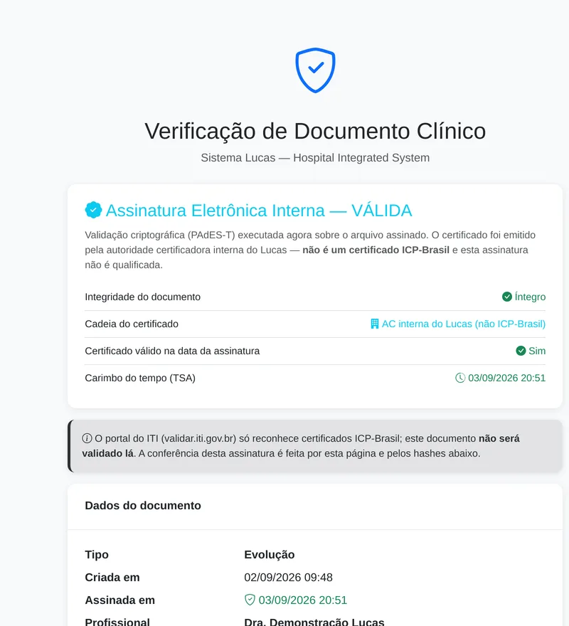 Página pública de verificação de documento clínico do Lucas: assinatura válida, integridade do documento, cadeia do certificado, validade na data da assinatura e carimbo do tempo; a instância de demonstração usa a AC interna do Lucas e a página avisa que o documento não é ICP-Brasil