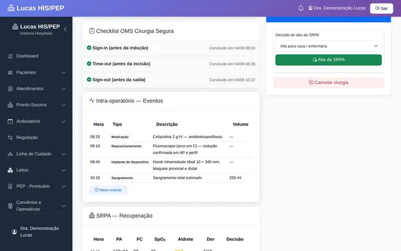 Checklist de cirurgia segura (OMS) no Lucas: sign-in, time-out e sign-out registrados por fase, com responsável