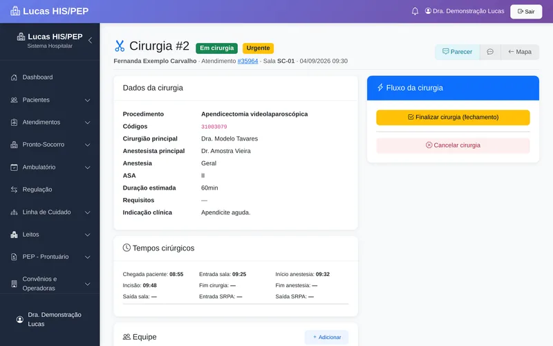 Detalhe de uma cirurgia em andamento no Lucas: procedimento, códigos, cirurgião e anestesista, ASA, tempos cirúrgicos (chegada, entrada em sala, anestesia, incisão) e ações de fluxo