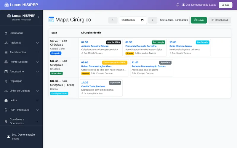 Mapa cirúrgico do Lucas: grade por sala com as cirurgias do dia, horário, paciente, procedimento, cirurgião e status (agendada, confirmada, em cirurgia, em recuperação, alta da SRPA)