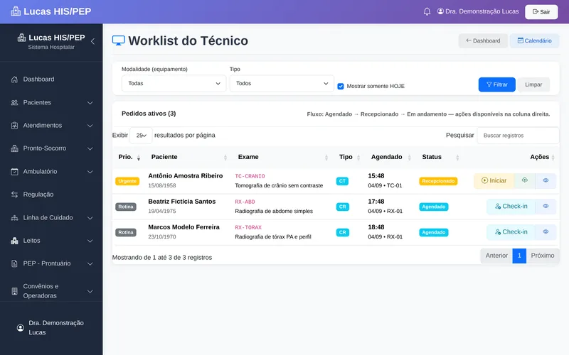Lista de trabalho do técnico de imagem no Lucas com exames agendados por modalidade (raio-X, tomografia), paciente e situação