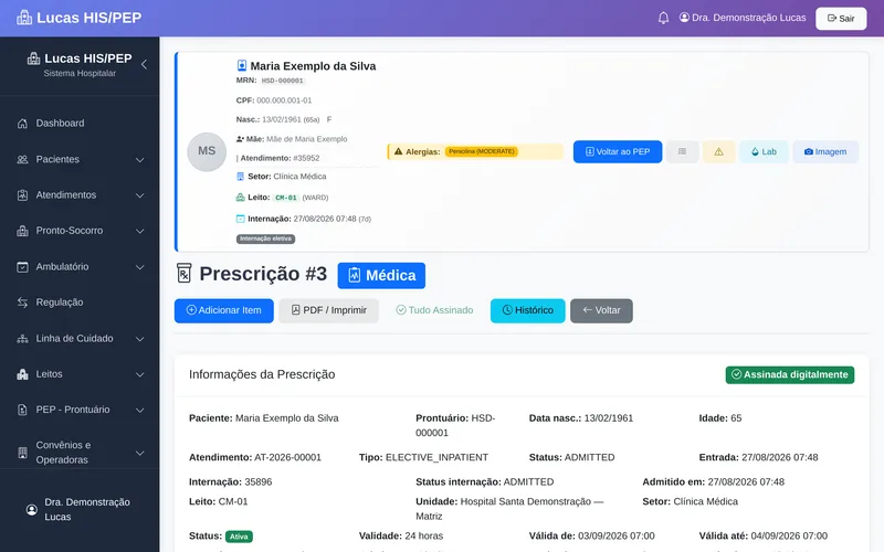 Tela de prescrição do Lucas: prescrição médica ativa, assinada digitalmente, com validade de 24 horas e dados do atendimento, leito e unidade