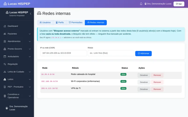 Tela de redes internas do Lucas: lista de redes (CIDR) e IPs autorizados com rótulo e status, formulário para adicionar rede e aviso de que usuários com bloqueio de acesso externo só entram a partir dessas redes