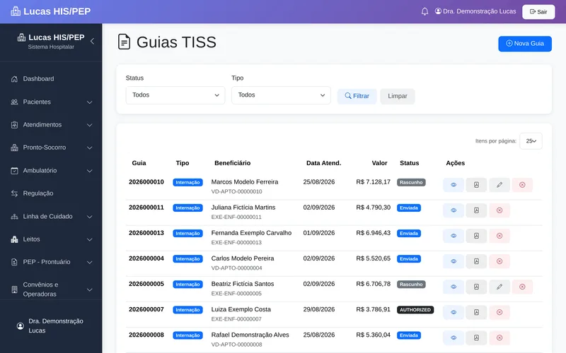 Lista de guias TISS do Lucas: número da guia, tipo internação, beneficiário e carteirinha, data de atendimento, valor e status rascunho, enviada ou autorizada